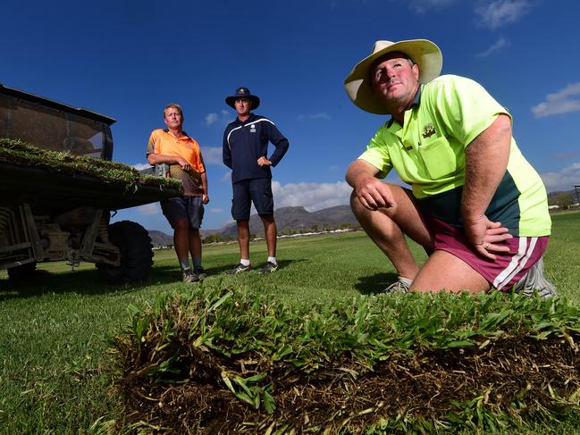 Townsville turf growers Aaron Radeck, Lachlan Moncrieff and Andrew Beasley. Picture: Evan Morgan