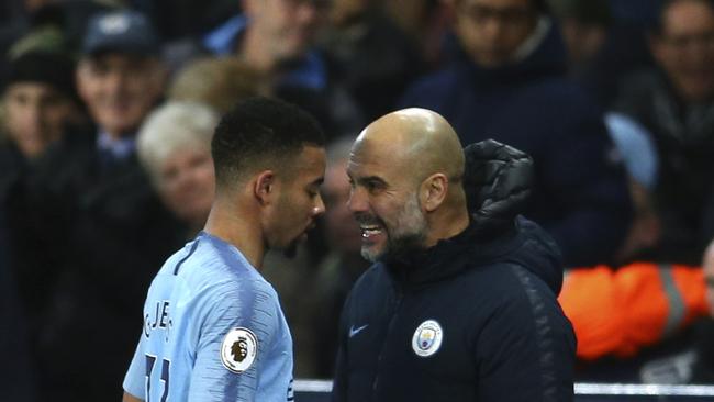 Manchester City's coach Pep Guardiola talks to Gabriel Jesus during the English Premier League soccer match against Wolverhampton Wanderers. Picture: AP