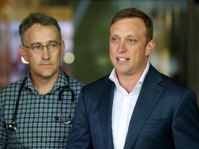 Health Minister Steven Miles (right) addresses the name change yesterday with Lady Cilento Children’s Hospital medical staff association chairman and director of rheumatology Dr Ben Whitehead. Picture: Liam Kidston