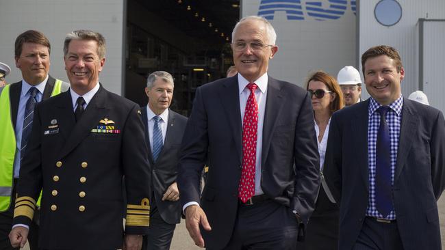 Malcolm Turnbull with Vice Admiral Timothy Barrett and local member for Hindmarsh Matt Williams after the announcement in South Australia.