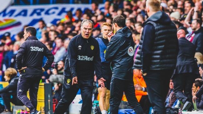 Leeds manager Marcelo Bielsa gestures during his team's controversial draw with Aston Villa.