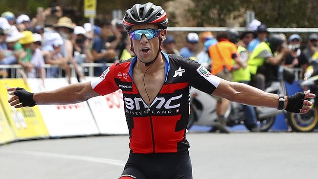 Richie Porte of BMC crosses the finish line winning to win Stage 6 in Willunga in 2018. Picture: Sarah Reed