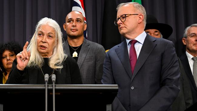 Member of the First Nations Referendum Working Group Marcia Langton with the Prime Minister Anthony Albanese at a press conference at Parliament House in Canberra in March.