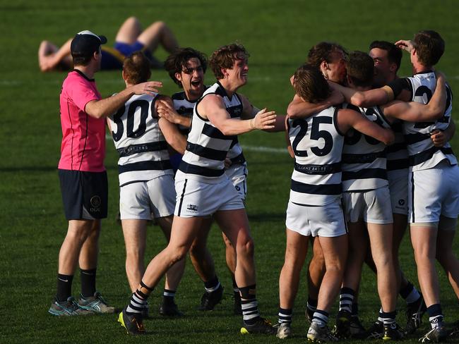 Old Geelong players react after the final siren at the VAFA match at Box Hill City Oval, Melbourne, Saturday, September 8, 2018. Old Geelong v Williamstown CYMS. (AAP Image/James Ross) NO ARCHIVING