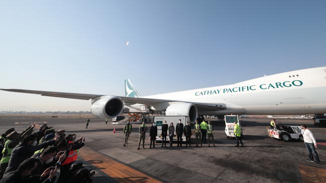 The arrival of the first shipment of the CoronaVac vaccine — developed by Sinovac — at Mexico City International Airport over the weekend. Picture: Getty Images