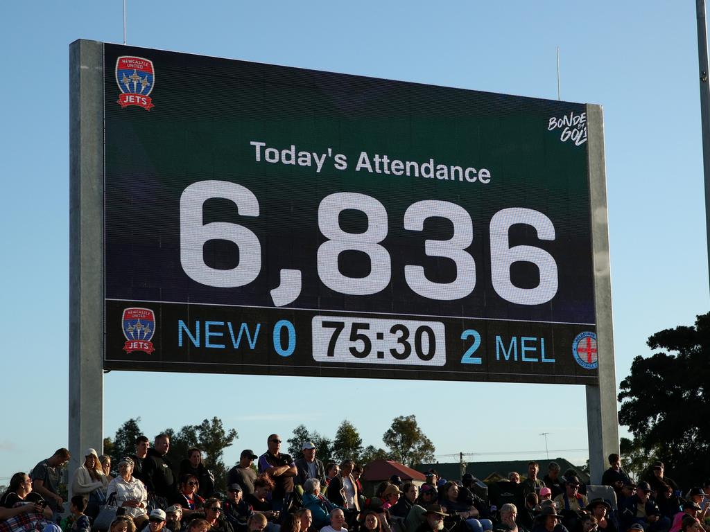 The official attendance is displayed during the A-League Women Semi Final between Newcastle Jets and Melbourne City. Picture: Getty Images