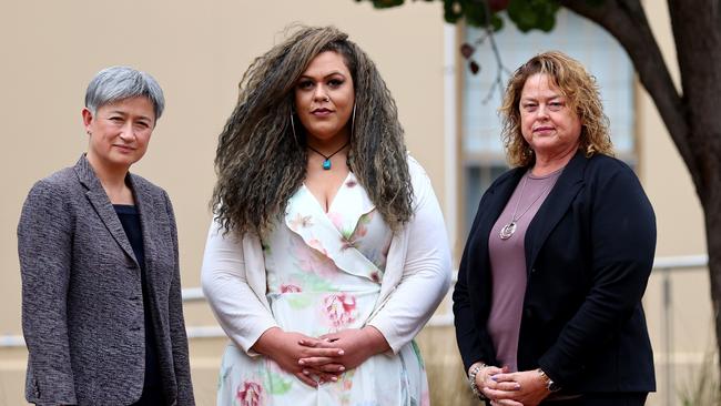 (R-L) State opposition human services spokeswoman Nat Cook with former Catherine House client Losa Bloomfield and SA Senator Penny Wong lobbying against a $1.2 million funding cut to the city's’s only women’s shelter. Picture: Kelly Barnes