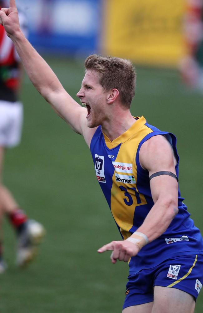 Nick Ebinger celebrates a goal for Willy in the VFL preliminary final against Essendon.