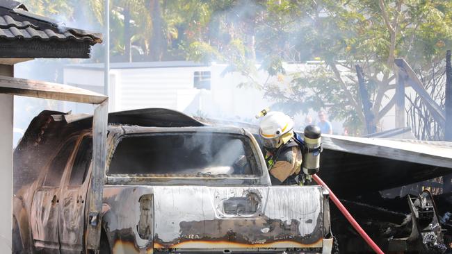 Police allege the owner’s car was pushed against the house and set alight. Picture Glenn Hampson