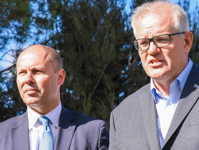 Treasurer Josh Frydenberg and Prime Minister Scott Morrison at Josef Chromy Wines near Launceston, 21/02/2022. Picture: Alex Treacy