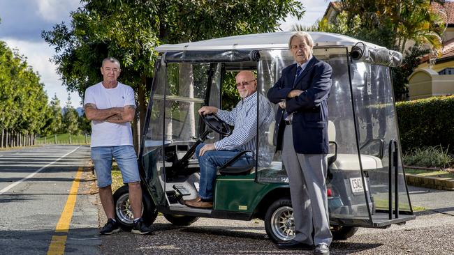 Cova south body corp chairman Steve Moore, John Kirkland from Sanctuary Cove and Peter Howe from Verandahs at the Pines said the roads should be more accepting of golf carts. Picture: Jerad Williams