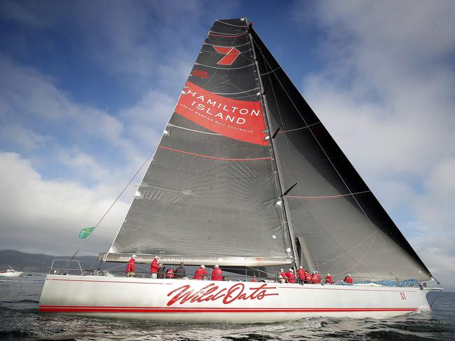 Wild Oats XI sails up the River Derwent on her way to a ninth Sydney to Hobart line honours victory in 2018. Picture: RICHARD JUPE