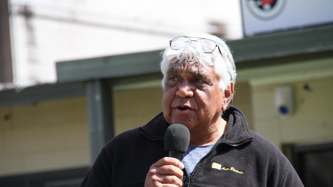 Faron Peckham speaks at a South of the Gap gathering in Todd Mall, Alice Springs. Picture: Gera Kazakov