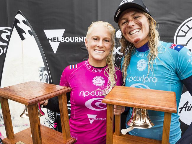 Runner-up Tatiana Weston-Webb and Stephanie Gilmore after the Bells Beach final.