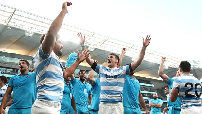 The Pumas celebrate beating the All Blacks at Bankwest Stadium two weeks ago.