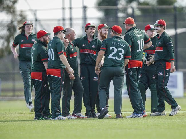 Tooradin players celebrating a wicket. Picture: Valeriu Campan