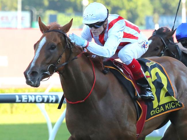 SYDNEY, AUSTRALIA - APRIL 15:  Craig Williams riding Giga Kick wins Race 8 Schweppes All Aged Stakes during 