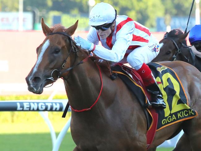 SYDNEY, AUSTRALIA - APRIL 15:  Craig Williams riding Giga Kick wins Race 8 Schweppes All Aged Stakes during "Schweppes All Aged Stakes Day" - Sydney Racing at Royal Randwick Racecourse on April 15, 2023 in Sydney, Australia. (Photo by Jeremy Ng/Getty Images)