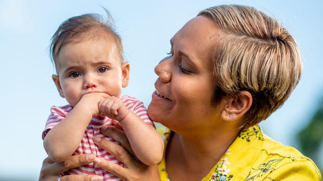 The Northern Territory's new Attorney-General Selena Uibo and her baby daughter Radiance at Parliament House in Darwin. Picture: Che Chorley