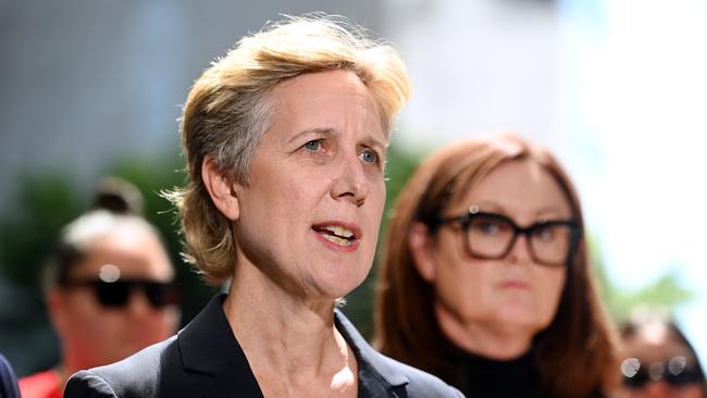 ACTU Secretary Sally McManus and labour hire workers address the media in Brisbane Picture: NewsWire / John Gass