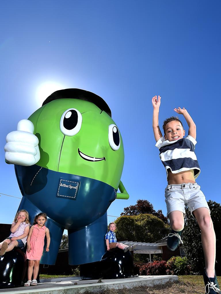 Adams Farms in Coldstream unveiled The Big Sprout at 2015. Pictured jumping is Brody, with Miller, Kiara and Mack behind him. Picture: Derrick den Hollander.