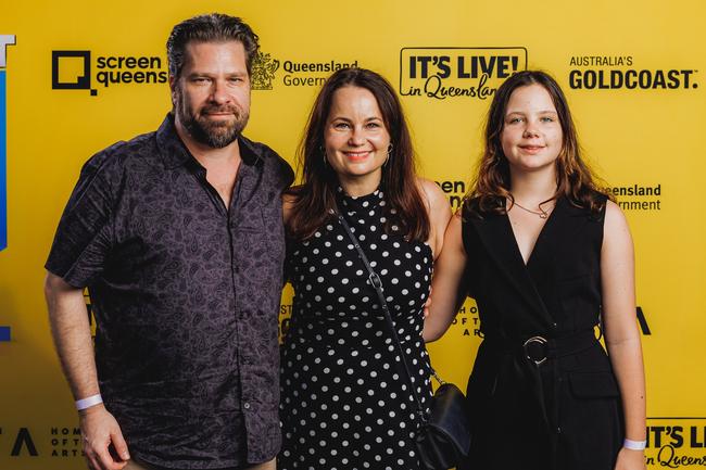 Steven Boyle and Ally Muller and Elise Muller at the Portable Door screening, HOTA. Picture: Supplied.