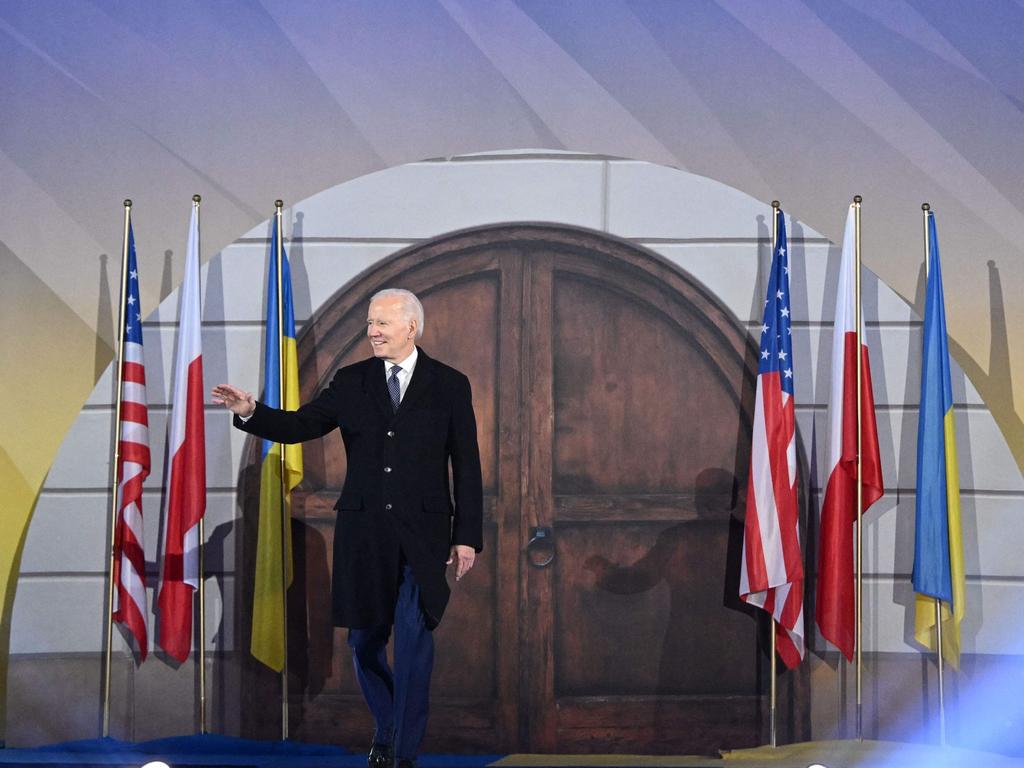 Joe Biden walks on stage to deliver a speech at the Royal Warsaw Castle Gardens in Warsaw. Picture: AFP