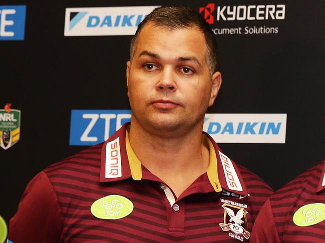 New Manly coach Trent Barrett with assistant coaches Anthony Seibold and John Cartwright during the Manly rugby league team new sponsor announcement and 70 year celebration at Freshwater Surf Life Saving Club, Sydney. Pic Brett Costello