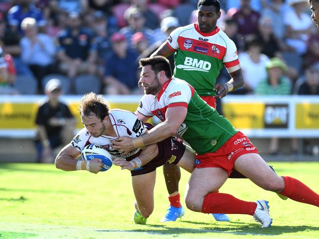 Burleigh fullback and man of the match Kurtis Rowe scores the first of his two tries. Picture: Bradley Kanaris/Getty Images