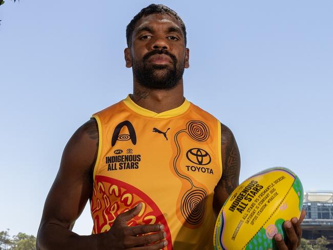 PERTH, AUSTRALIA - JANUARY 16th: Liam Ryan of the Eagles and Indigenous All Stars squad member poses during the Indigenous All Stars Guernsey & Sherrin unveiling at Mardalup Park on January 16th, 2025 in Perth, Australia. (Photo by Will Russell/AFL Photos via Getty Images)