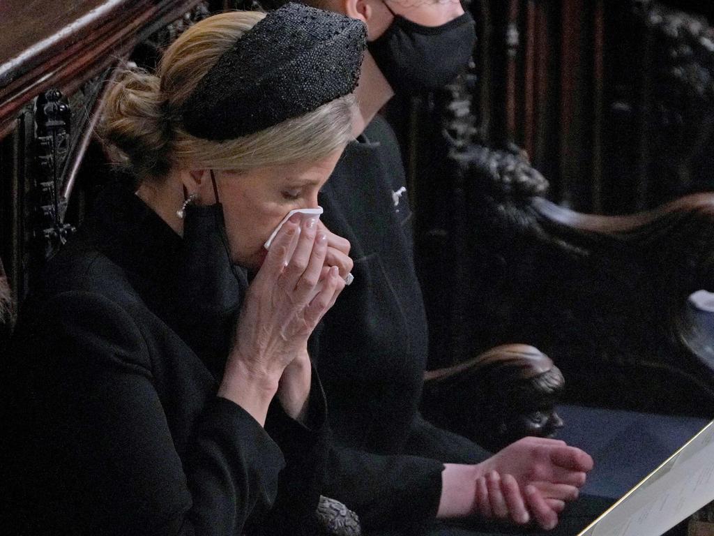 Britain's Sophie, Countess of Wessex at the funeral service of Britain's Prince Philip, Duke of Edinburgh at St George's Chapel. Picture: AFP