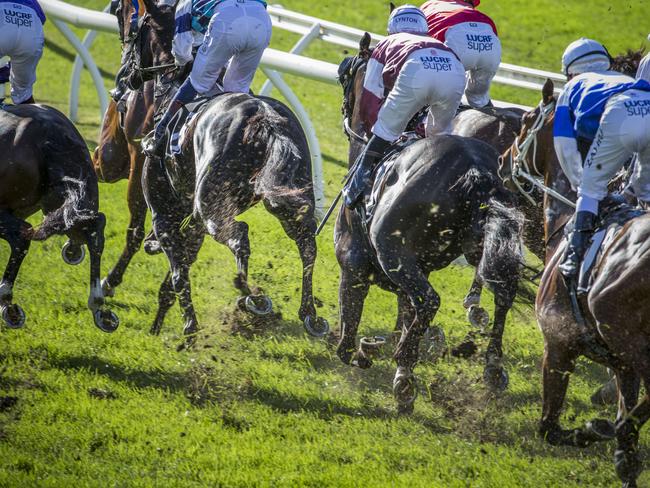 Unsatisfactory: excessive turf kickback occurs during a race at Eagle Farm last month. Picture: AAP