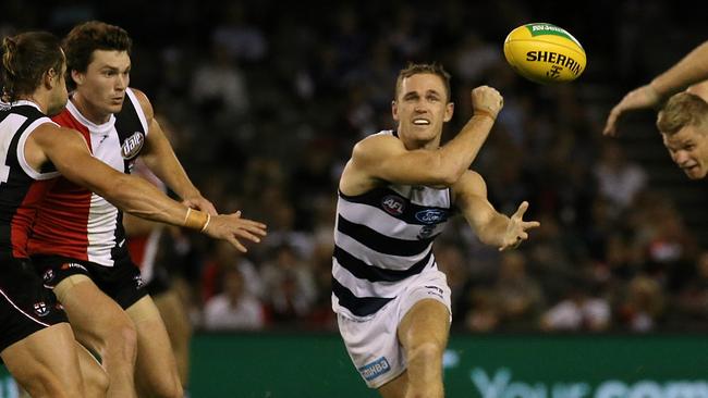 St Kilda vs. Geelong Cats Joel Selwood breaks free of a Nick Riewoldt tackle Picture:Wayne Ludbey