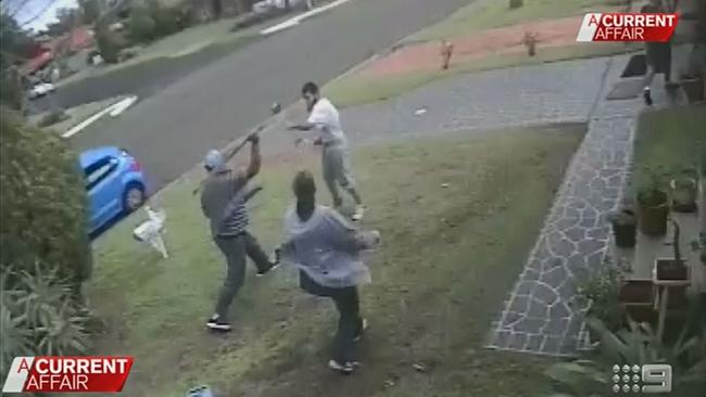 3. Sivei Ah Chong, wife Pearl, son Derek and nephew Allice Ah Fa arms themselves and confront Khan. Picture: A Current Affair/9 NEWS