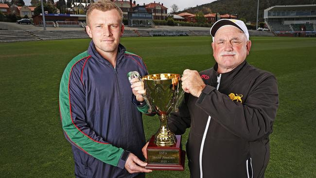 OHA football club coach, Brodie Langford and Hutchins Old Boys coach, Lance Spaulding ahead of this weekend's old scholars grand final. Picture: Zak Simmonds