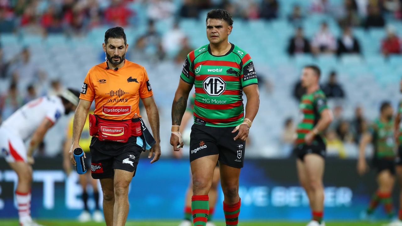 SYDNEY, AUSTRALIA - APRIL 09: Latrell Mitchell of the Rabbitohs walks off the field injured during the round five NRL match between the South Sydney Rabbitohs and the St George Illawarra Dragons at Accor Stadium, on April 09, 2022, in Sydney, Australia. (Photo by Mark Metcalfe/Getty Images)