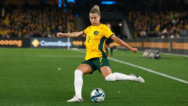 Steph Catley during the match between the Australia Matildas and France at Marvel Stadium last year. Picture: Daniel Pockett/Getty Images