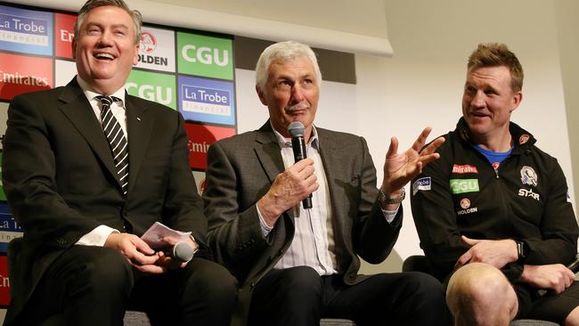 Mick Malthouse joined Nathan Buckley and Eddie McGuire in farewelling Dane Swan on Tuesday. Picture: Michael Klein