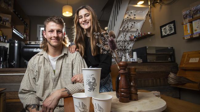 Theo Kalimnios and partner Maggie Goldsmith have opened up Ozus Coffee on Hampden Road, Battery Point in the building where Pollen Tea Room formerly was. Picture: LUKE BOWDEN