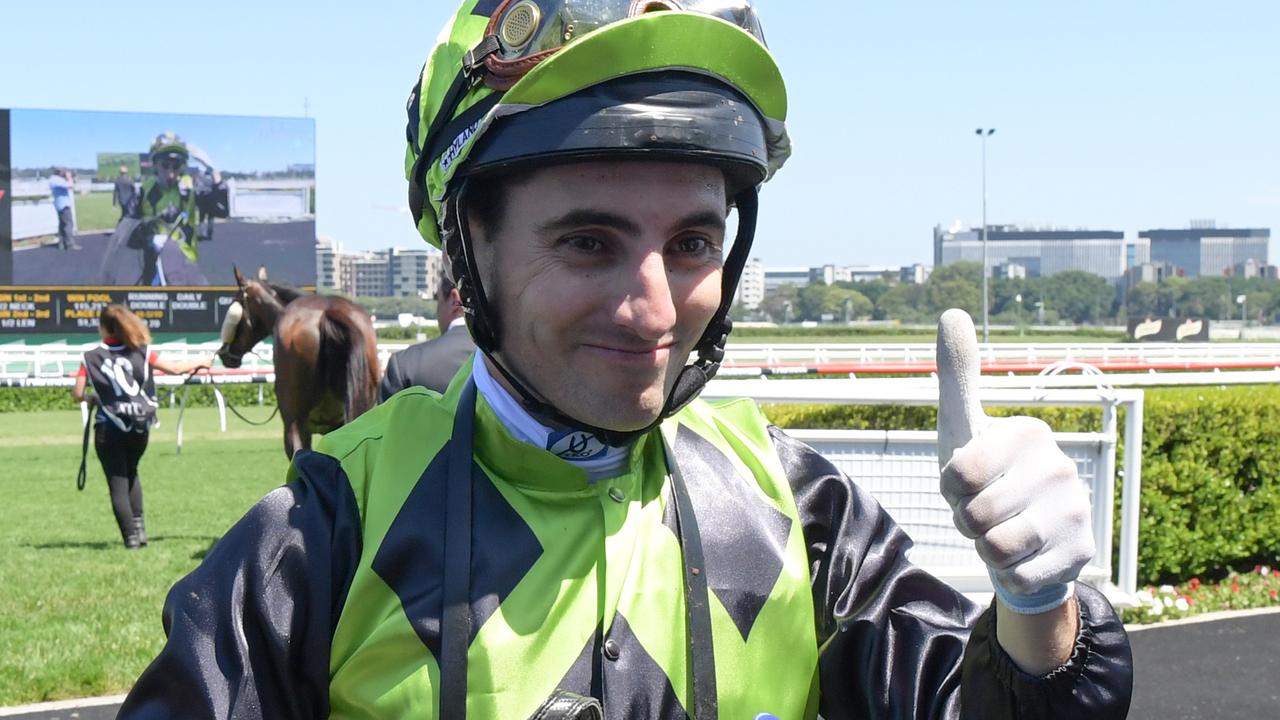 Andrew Mallyon gave the thumbs up after his first winner at Randwick. Picture: AAP