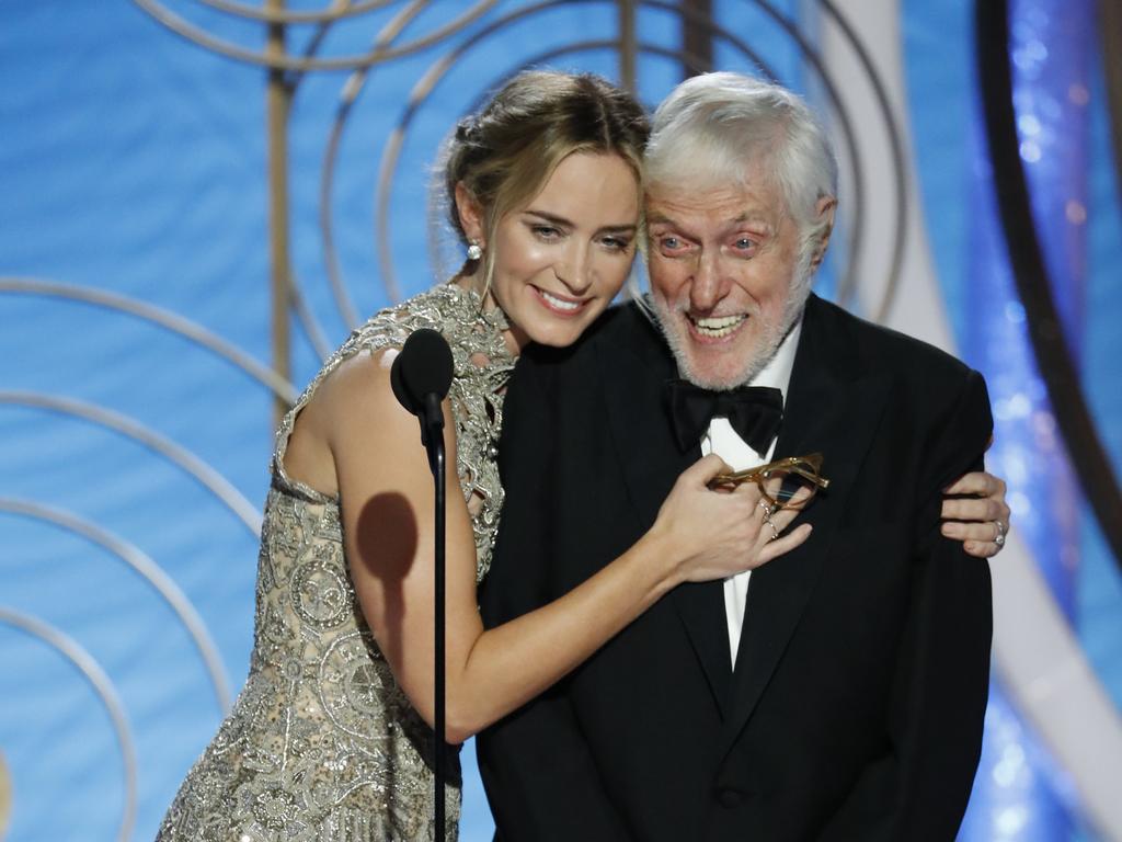 Onstage with Emily Blunt at the 2019 Golden Globes. Picture: Paul Drinkwater/NBCUniversal via Getty Images