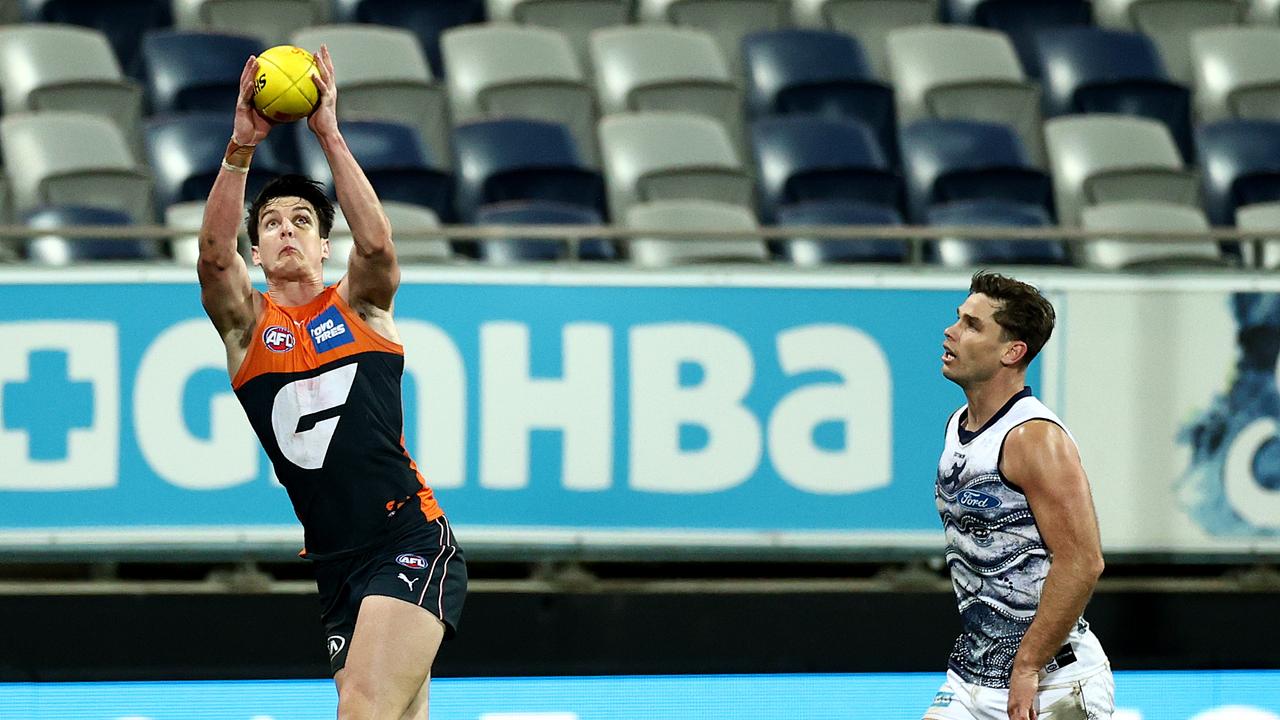 Sam Taylor was arguably best on ground for his defensive job on Tom Hawkins. Picture: Michael Klein