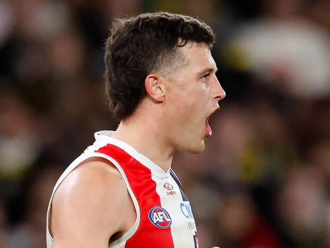 MELBOURNE, AUSTRALIA – AUG 11: Rowan Marshall of the Saints celebrates a goal during the 2024 AFL Round 22 match between the Richmond Tigers and the St Kilda Saints at Marvel Stadium on August 11, 2024 in Melbourne, Australia. (Photo by Dylan Burns/AFL Photos via Getty Images)