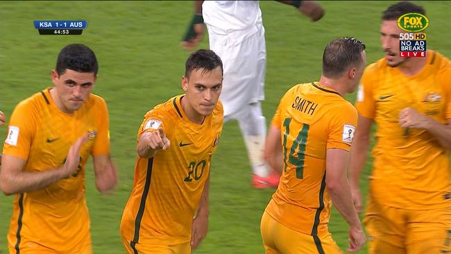 Trent Sainsbury celebrates his goal.