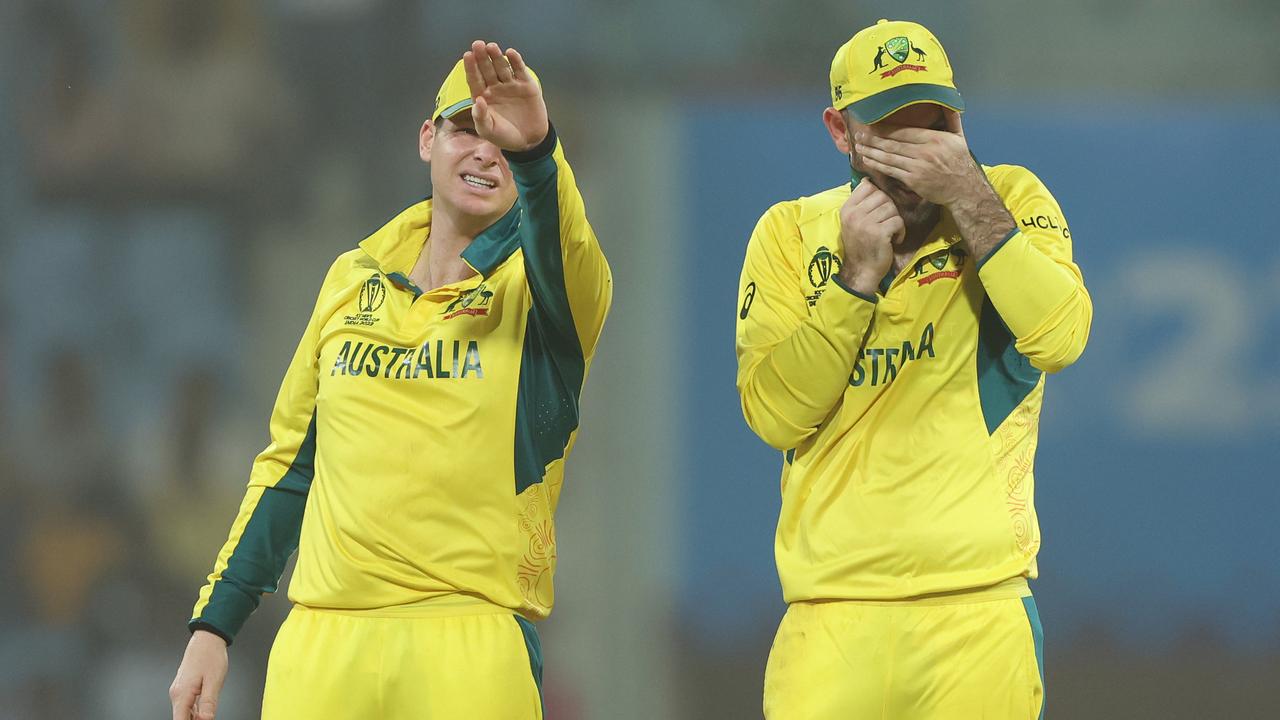 Steve Smith and Glenn Maxwell watch on after hoardings in the Ekana Cricket Stadium came crashing down.