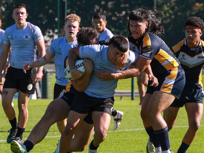 Daily Telegraph. 23, May, 2024.2024 School Boy Cup.Central CoastÃs Devonte VaotuÃua and Westfields Malcolm Mailo, during Westfields Sports High v Central Coast Sports College, at McCredie Park, in Guildford, today.Picture: Justin Lloyd.