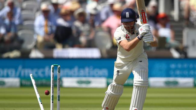 Jonny Bairstow loses his off stump as the Poms struggle.