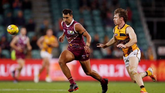 Callum Ah Chee (left) has been axed from Brisbane’s top 22. Picture: Dylan Burns/AFL Photos via Getty Images