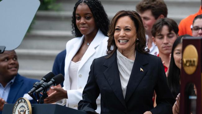 US Vice President Kamala Harris at an event honouring National Collegiate Athletic Association championship teams from the 2023-2024 season, on the South Lawn of the White House in Washington. Picture: Chris Kleponis/AFP