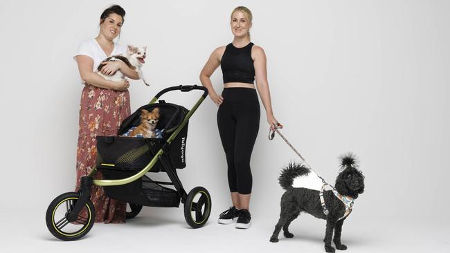 Coby Beel and Ellen Graham with their dogs Phoebe, Pixie (in pram) and Penny. Picture: Glenn Hunt